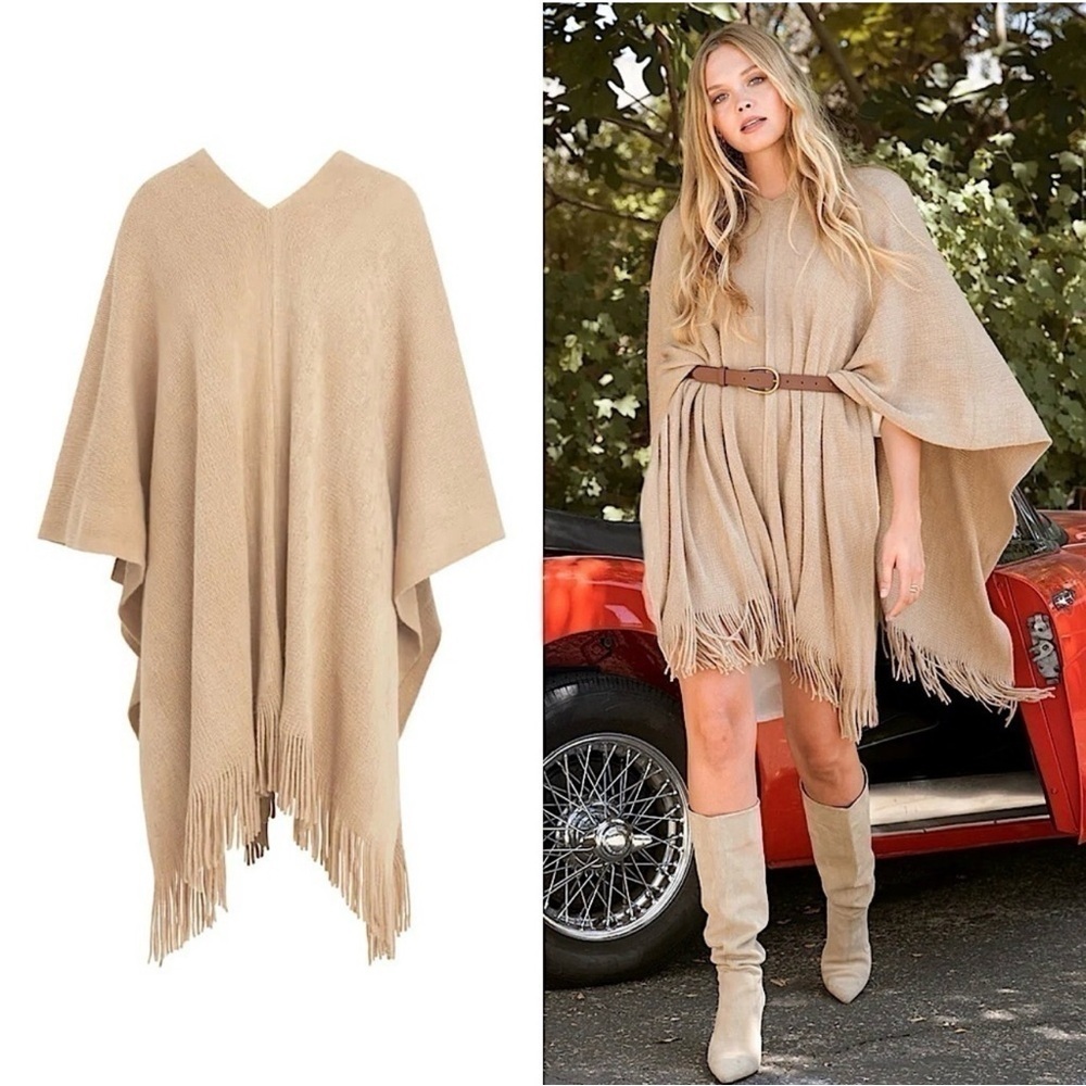 Shiraleah Rowan Camel Fringe Poncho One Size Curateur Rachel Zoe